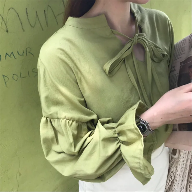 Summer Women Shirts 2018 Korean Fashion Chic Green Black Tops Loose Sunscreen Female Sweet Puff Sleeve Slim Blouse | Женская одежда