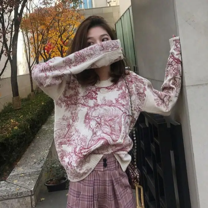 Sweater Heavy-duty embroidered loose sweater women Early spring new thin knit tops