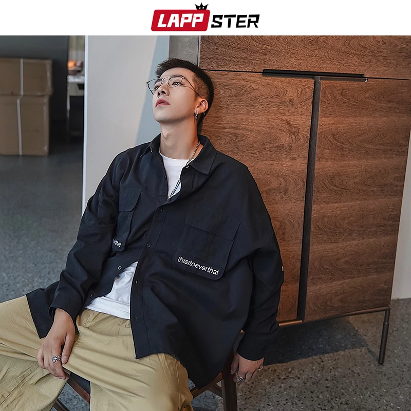 LAPPSTER Мужская корейская мода Карманы Рубашки 2020 хип хоп свободные длинные рукава