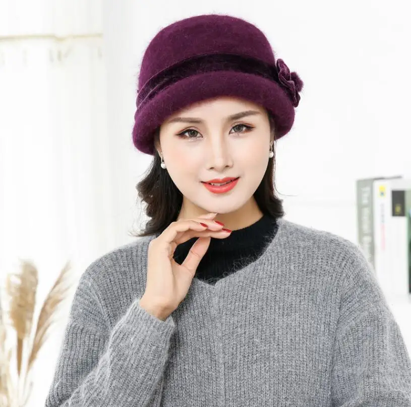 Only hat Новая модная женская зимняя шапка наборы Цветочная черепица Шерсть Смешанный кроличий мех теплые уличные вязаные шапочки мешковатые головной убор шляпа - Цвет: Only hat