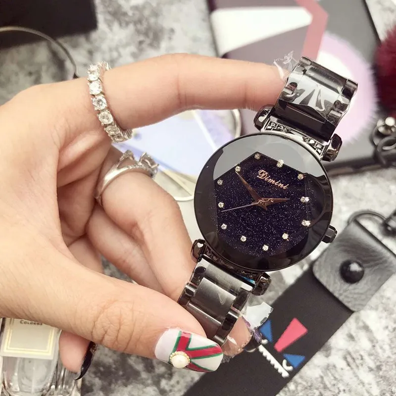 Крутые полностью черные женские часы романтичные из закаленного стекла с