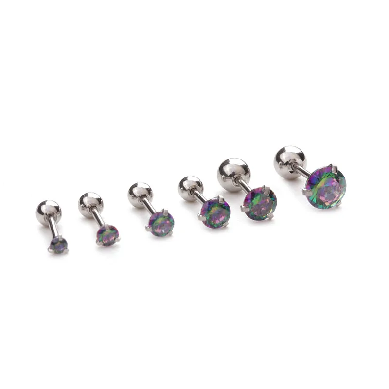 2pcs 1.5-5mm Round Rainbow Cz Stone Cartilage Earring Helix Tragus Conch Stud 20g Stainless Steel Ear Piercing Jewelry
