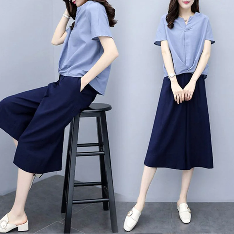 

Plus Size Solid Two Piece Set Top And Pants Summer Women 2019 New Loose Elastic Waist Wide-leg Pants Linen Casual Suits f796
