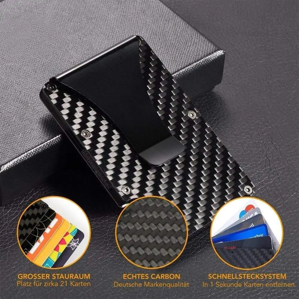 

Slim Carbon Fiber ID Credit Card Holder Blocking Metal Wallet Money Clip Purse