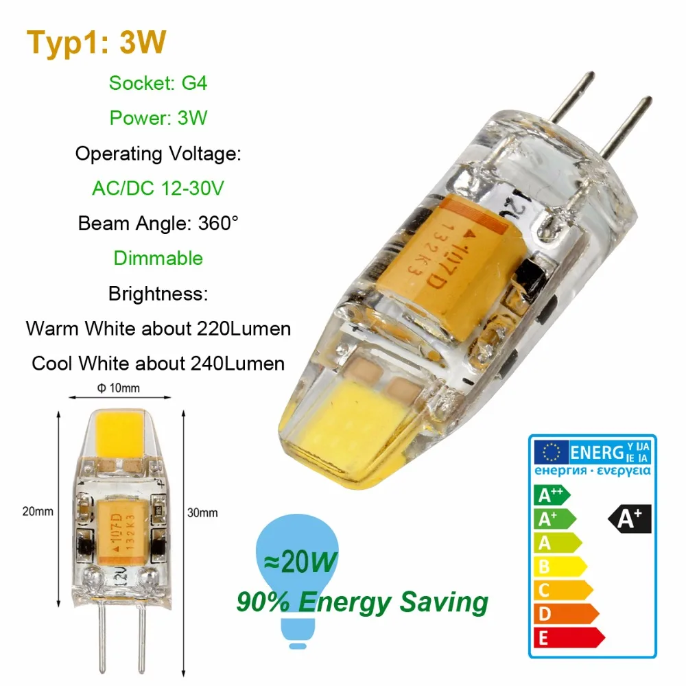 10 шт./лот мини G4 Светодиодная лампа 3 Вт DC/AC 12 В LED свет диммируемая капсула СИД COB
