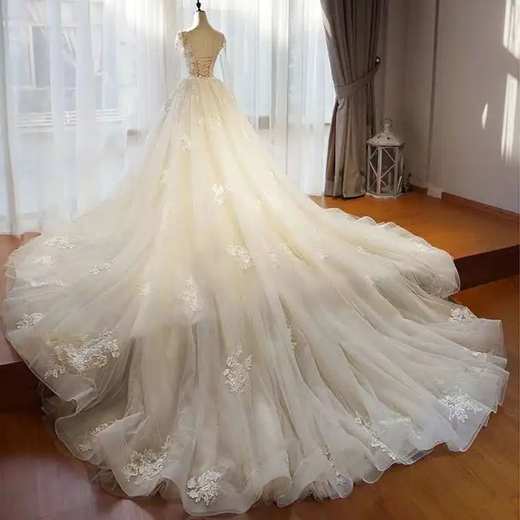 

2020 New Hot High Sheer Lace Long Sleeves Open Back Royal Ball Gown Wedding Dresses