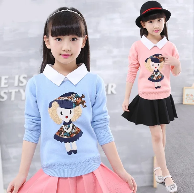 

Tide girls sweater cartoon shirt collar bottoming shirt children's wear fake two-piece sweater children thickened lapel pullover