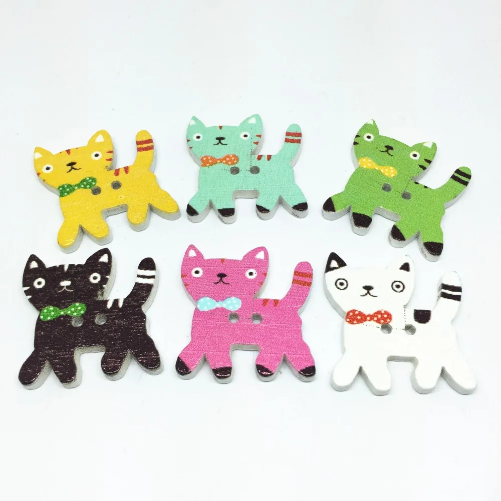 

100pcs/lot Mixed Wooden Cartoon Buttons Cat Shape 2-hole Sewing Wood Button For Scrapbooking Jewelry Card Making