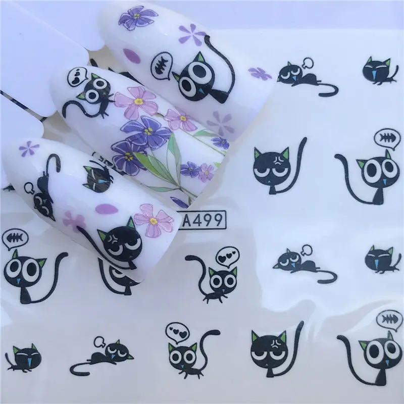 YZW-A499 WUF 1 лист, животные, черная кошка, дизайнерские наклейки для ногтей, переводные наклейки для ногтей, переводные наклейки для ногтей, аксессуары для самостоятельной сборки, красивые украшения для ногтей - Цвет: YZW-A499
