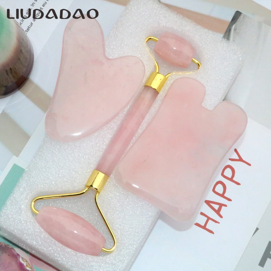 

3Pcs/Set Natural Rose Quartz Facial Massager Crystal Face Rollers GuaSha Body Facial Wands Massager Tools Beauty Health Relax