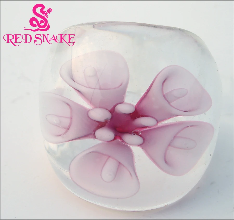 

RED SNAKE Fashion Ring Handmade Pink Morning glory flower drawing Transparent Murano Glass Rings