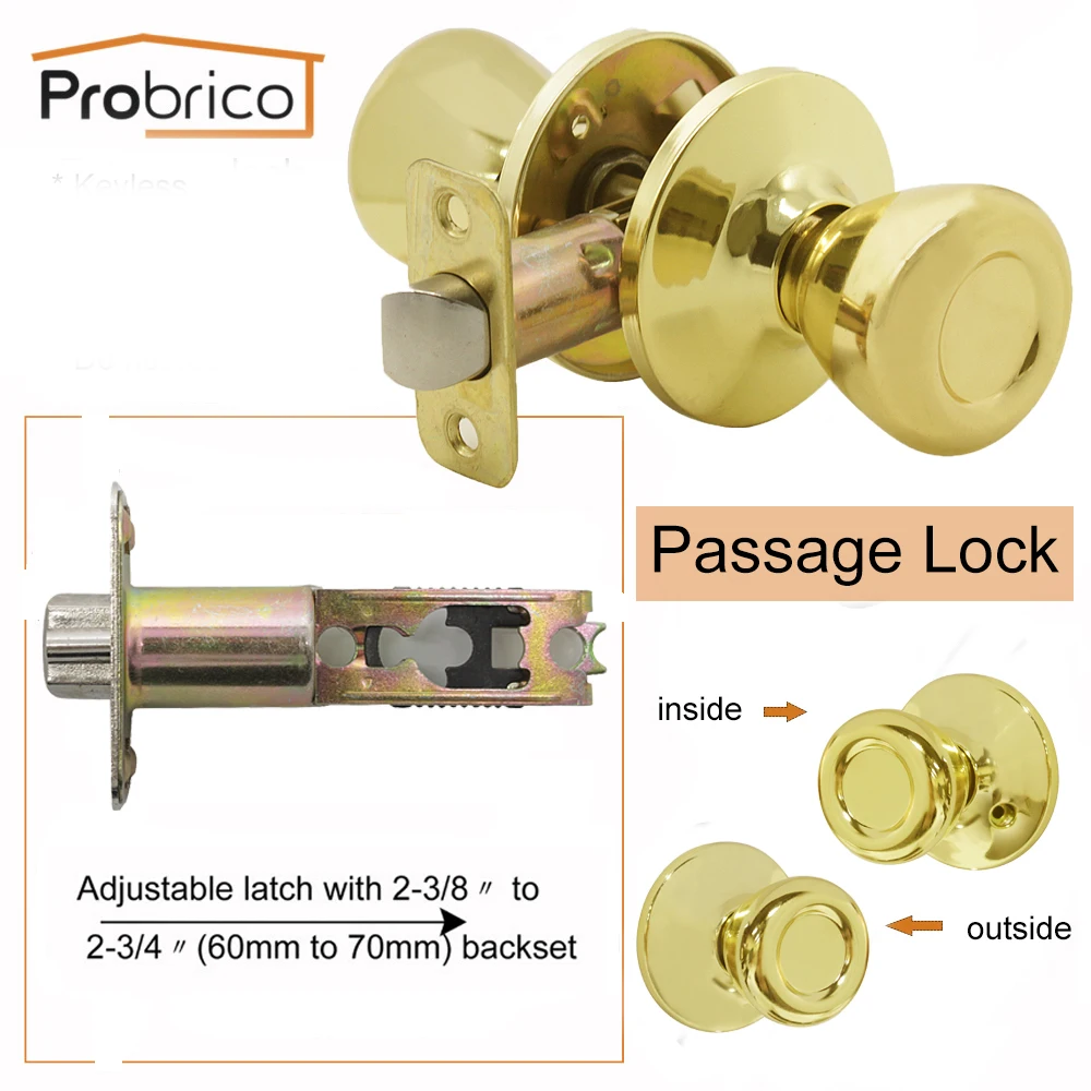 Probrico Gold Door Knobs door Handle For Interior Keyless Passage Lock Stainless Steel polished gold brass hardware | Обустройство