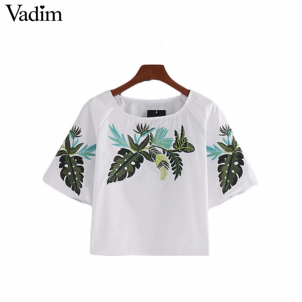 Женское элегантное платье vadim leaf embroidery, рубашки с коротким рукавом и круглым вырезом, белая блузка, женские летние повседневные топы, blusas mujer DT1071