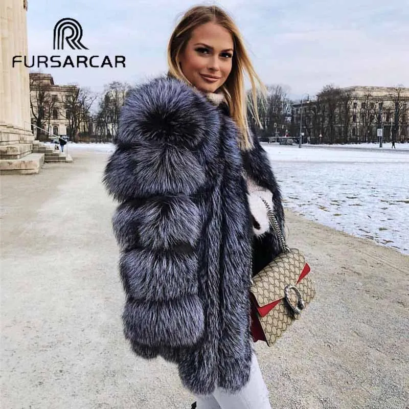 

Куртка FURSARCAR из натурального Меха чернобурки женская зимняя пушистая теплая верхняя одежда с длинным рукавом Повседневная темпераментная настоящая женская куртка