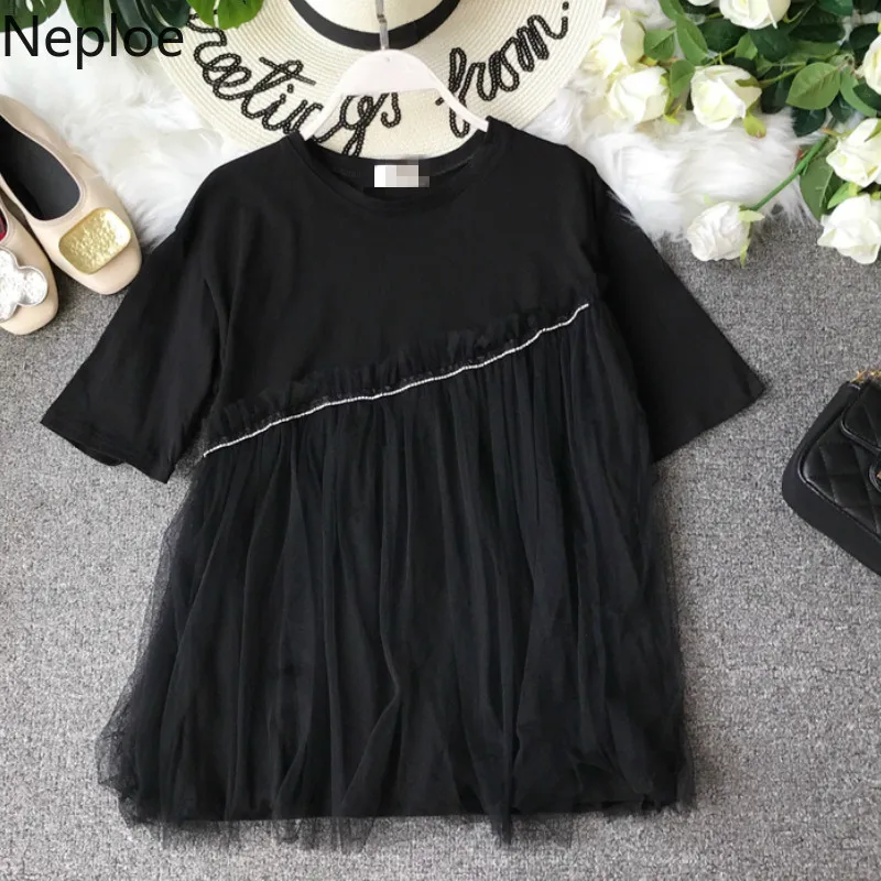 Женские футболки с рюшами Neploe летние круглым вырезом и коротким рукавом сетчатые