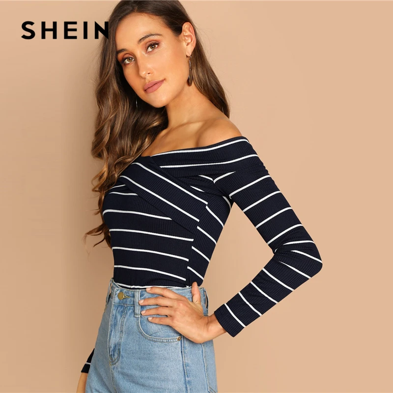 SHEIN Футболка В Полоску С Открытыми Плечами Облегающий Топ Женский Осенний Элегантный Топ С Длинными Рукавами
