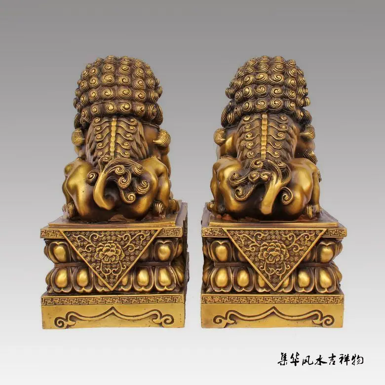 Большая пара бронзовая Китайская Статуя Льва Foo Собаки скульптура черная желтая