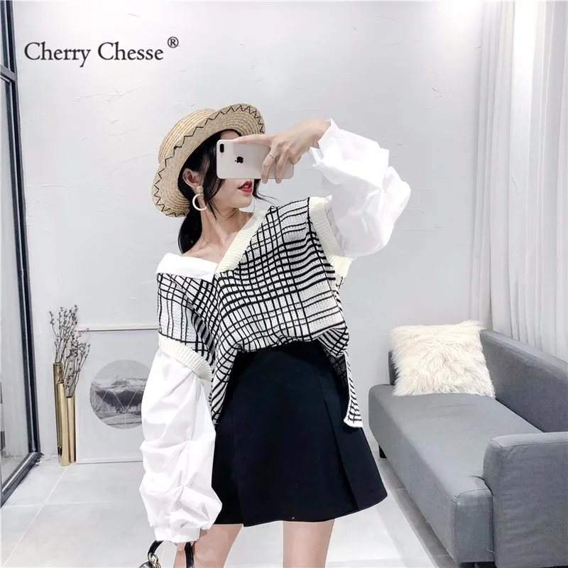Cherry Chesse Harajuku Лоскутная клетчатая блузка с пышными рукавами Асимметричный Топы