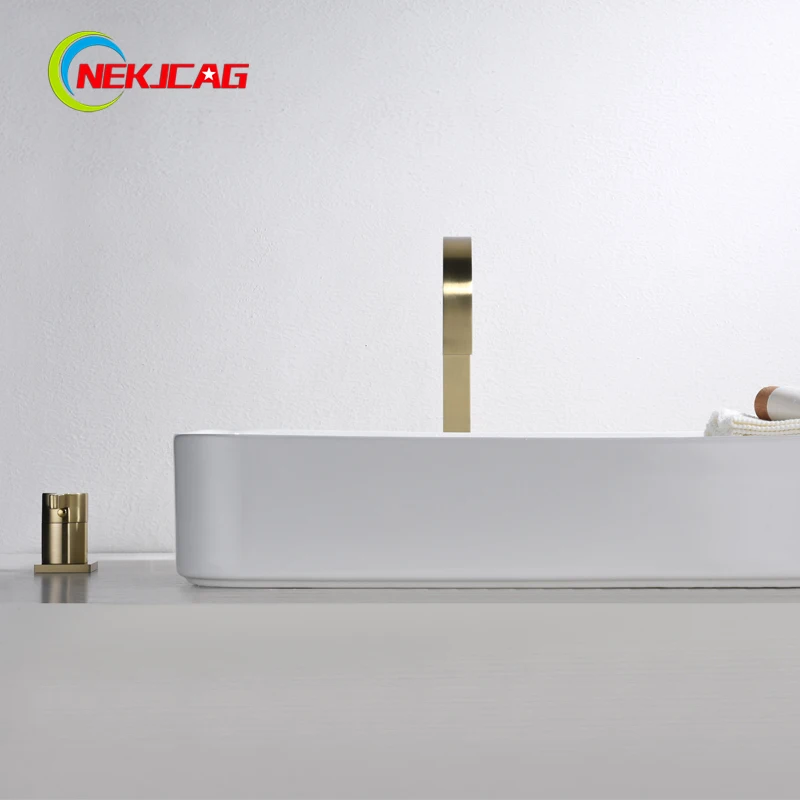 Copper Hot and Cold Double Hole Heightened Washbasin Above Counter Basin Faucet Brushed Gold Nordic Brass | Обустройство дома