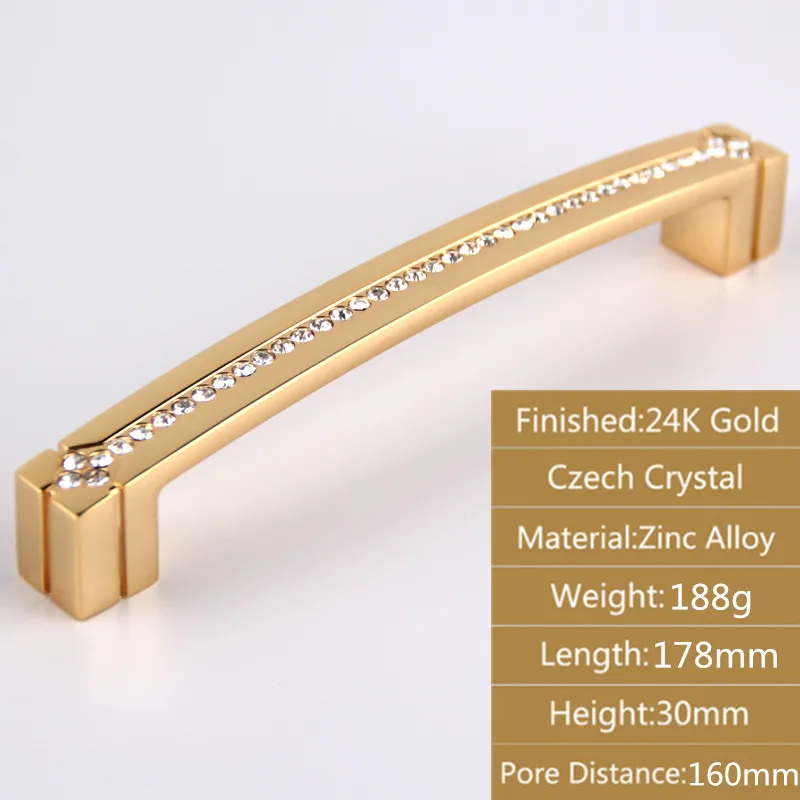 Ручки для шкафа 24K настоящая Золотая Чешская кристальная ручка для дверцы выдвижного ящика мебельные ручки никогда не выцветают золото и хром - Цвет: 178mm 24K Gold