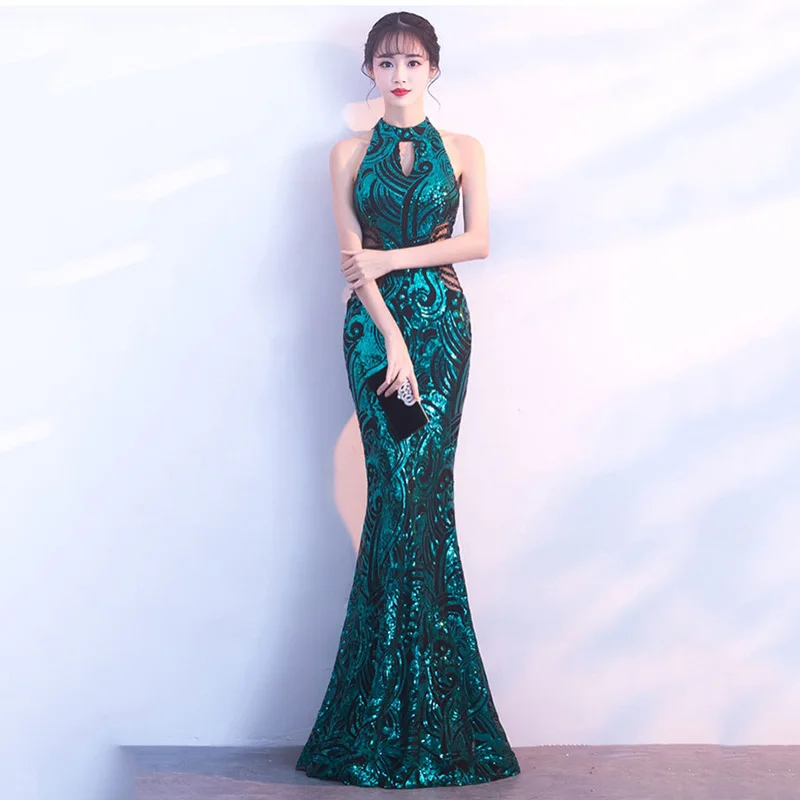 

Green Paisley Sequined Halter Tank Long Slim Mermaid Luxury Sexy Dress Club Wear Party Dress Formal Dresses Evening Wear Woman