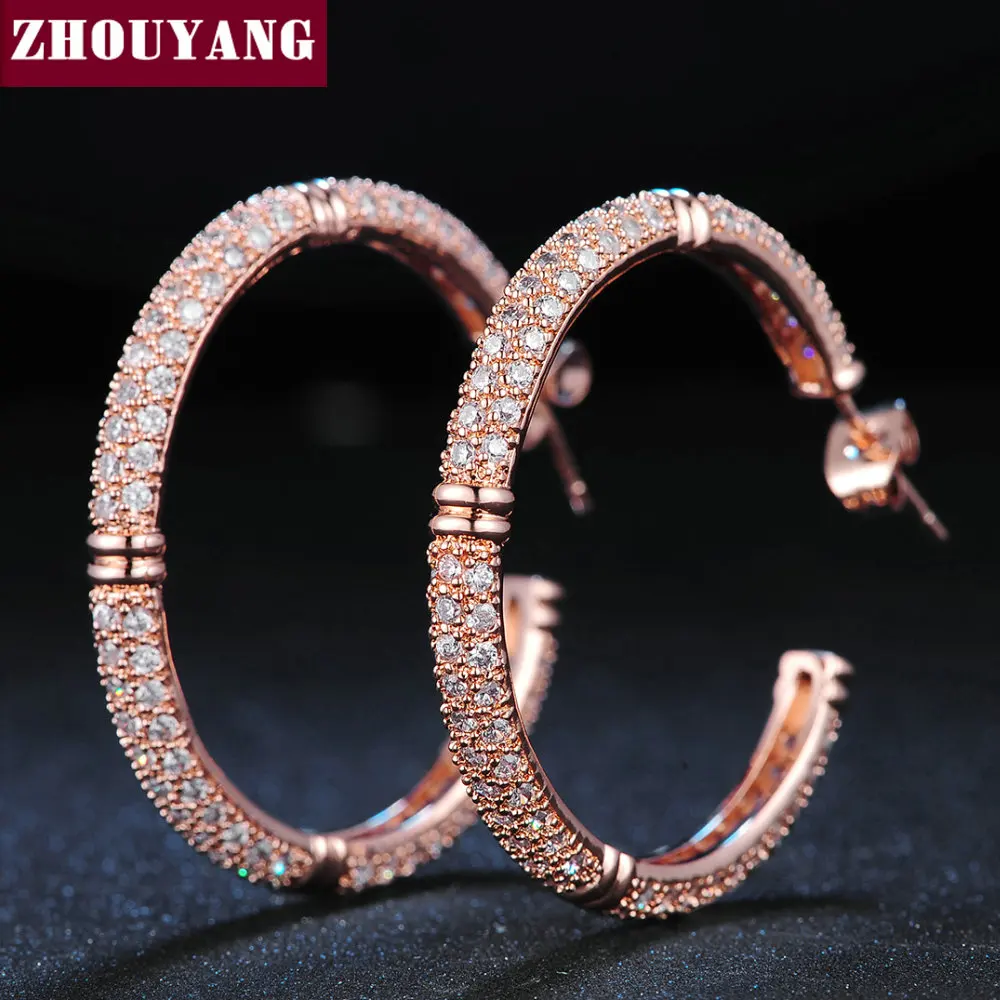 Серьги кольца ZHOUYANG ZYE617 с мозаикой из кристаллов ювелирные изделия цвета розового