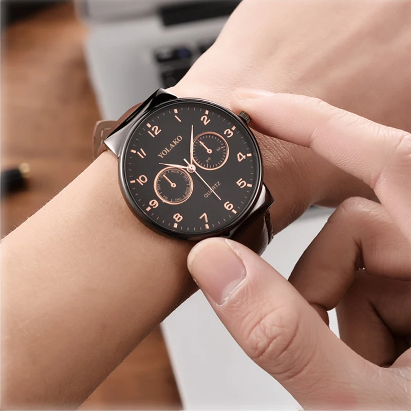 Бизнес модные часы Роскошный кварцевый ремень мужской кожаный ремешок Розовое