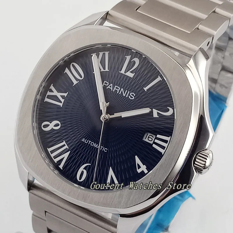 39 мм Parnis нержавеющая сталь синий/белый циферблат сапфир 21 jewels Miyota 8215