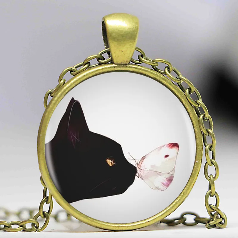 Подвеска "Черная кошка и бабочка" с длинной цепью из серебра высокого качества, изготовленная вручную для женщин.