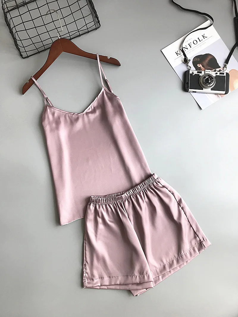 Ледяной шелк Twinset корейский сплошной цвет Женская кофточка от пижамы пижамный комплект Женский Летний жилет шорты костюм - Цвет: Rose purple