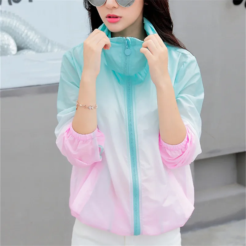 

2021 new Summer fashion rainbow color Sun UV Protection women Clothing Female Hooded Jacket Thin Breathable Beach Cardigan coats