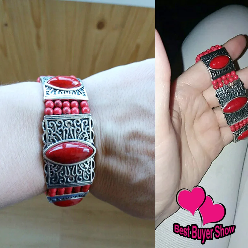 Модный винтажный богемный браслет в стиле бохо этническом с красными камнями и