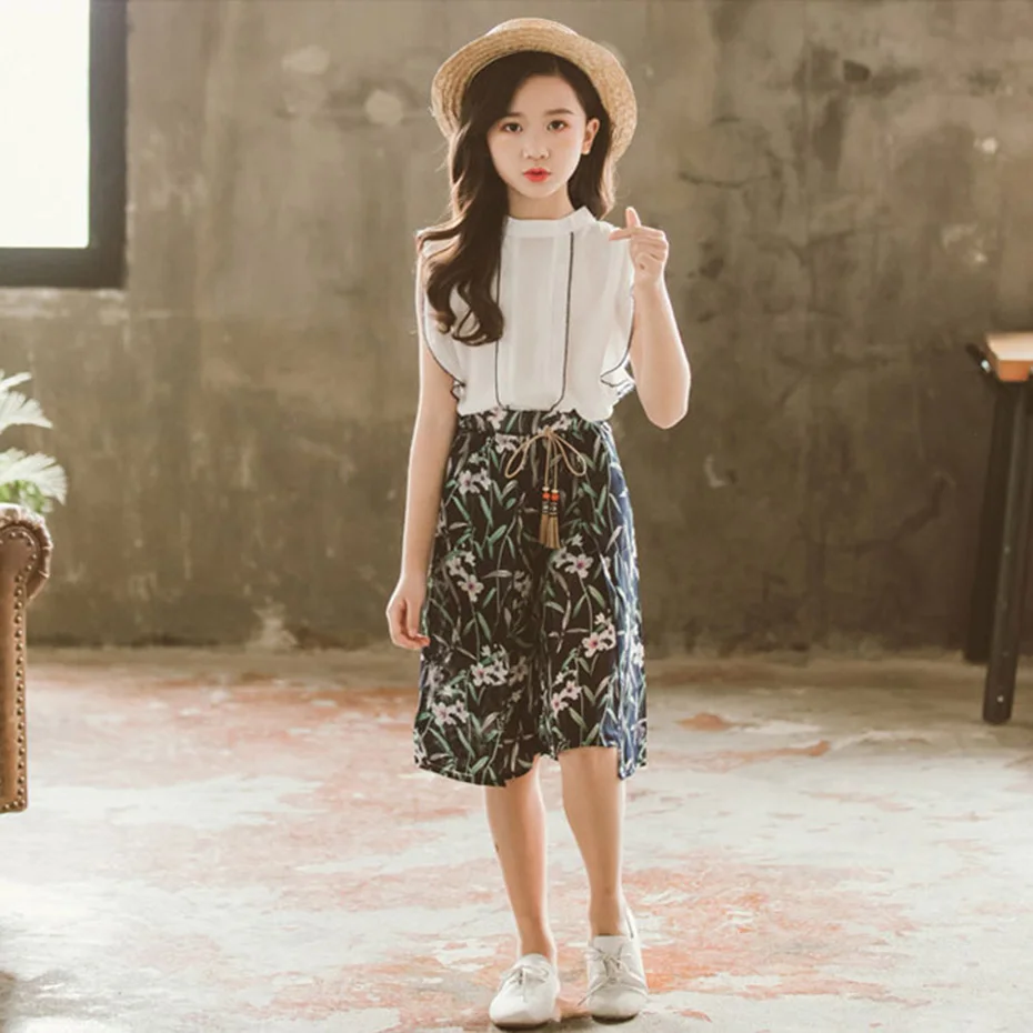 Летняя одежда для девочек однотонный жилет + штаны с цветочным принтом детские