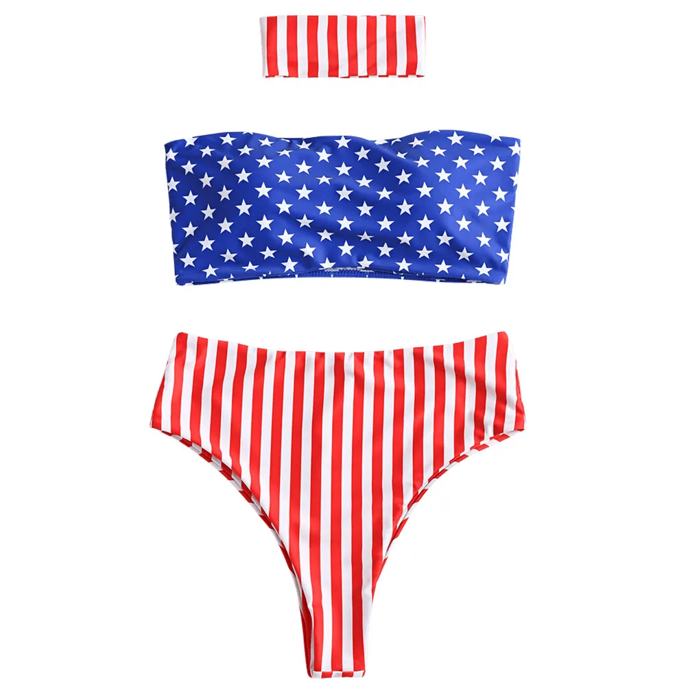 ZAFUL Женские Купальники Sexy American Flag Пляжная Одежда Высокая Талия Колье Bandeau Бикини