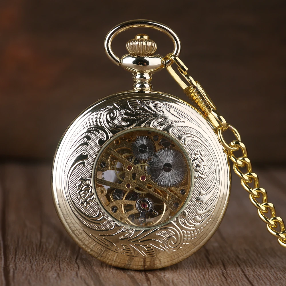 Luxury Fashion Golden Gear Hollow Hand Wind Mechanical Pocket Watch Men Women Pendant Chain Fob Watch Gifts
