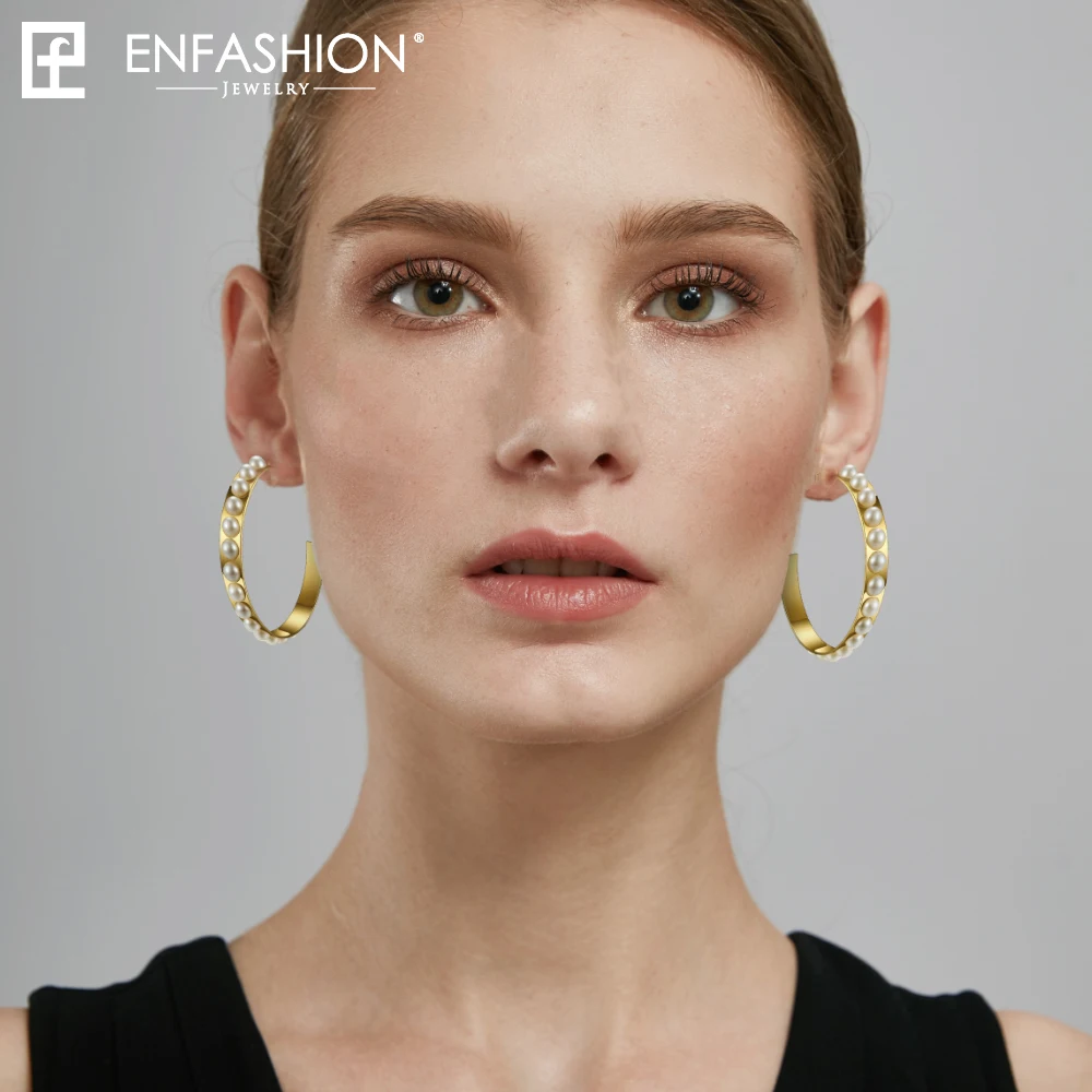 Enfashion, большие жемчужные серьги-кольца для женщин, ювелирные изделия из нержавеющей стали, круглые серьги-обручи, круглые серьги Orecchini Cerchio 181061
