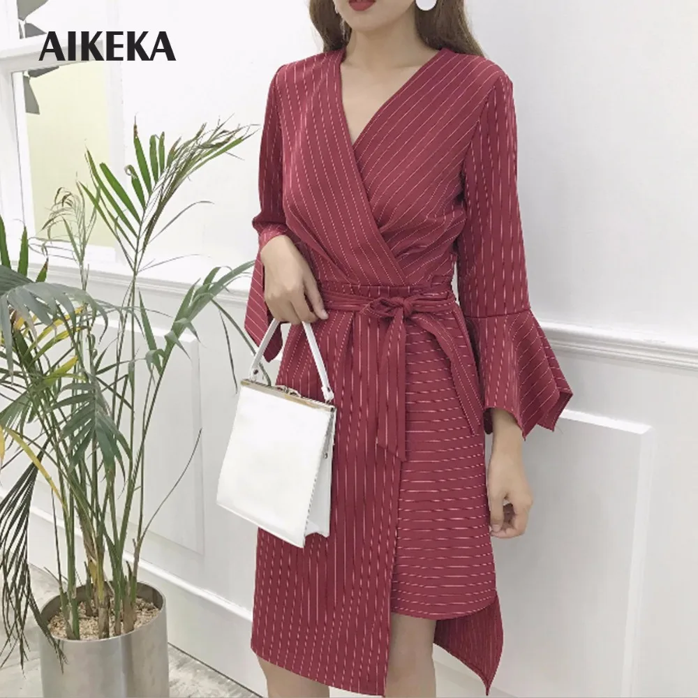 Akeka Офисные женские туфли Striped A-Line Flare рукавом Полный Пояса до колена Длина