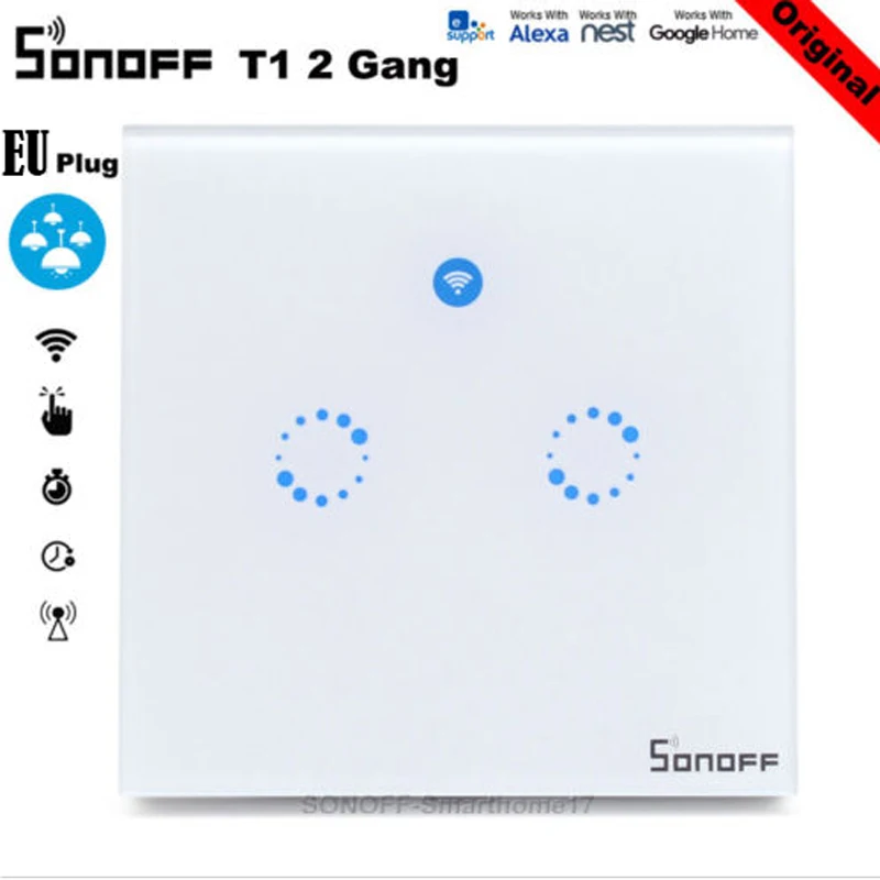 2 Gang Sonoff T1 EU Wifi настенный сенсорный выключатель света 1/2 банды сенсорный/WiFi/433 RF/APP удаленный контроллер для умного дома с Alexa Google Home - Комплект: 2 Gang