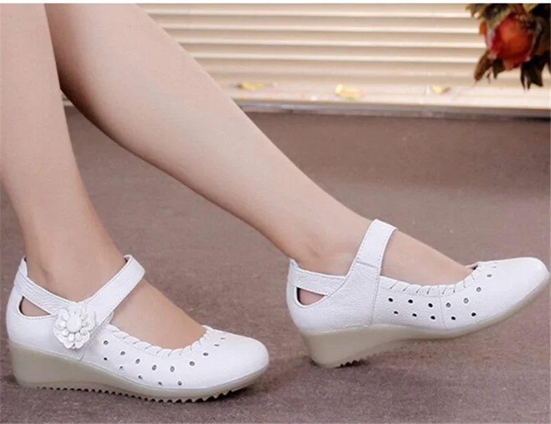 

Womens Leather Wedge Med heel Shoes Oxford Breathable Nurse White Soft Shoes New Pumps S87