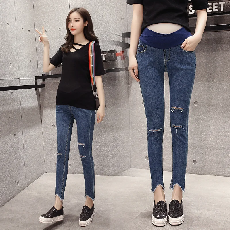 Low Waist Y Leg Open 9/10 Length Ripped Hole Denim Maternity Jeans Summer Belly Pencil Trousers Pregnant Women Pregnancy Clothes