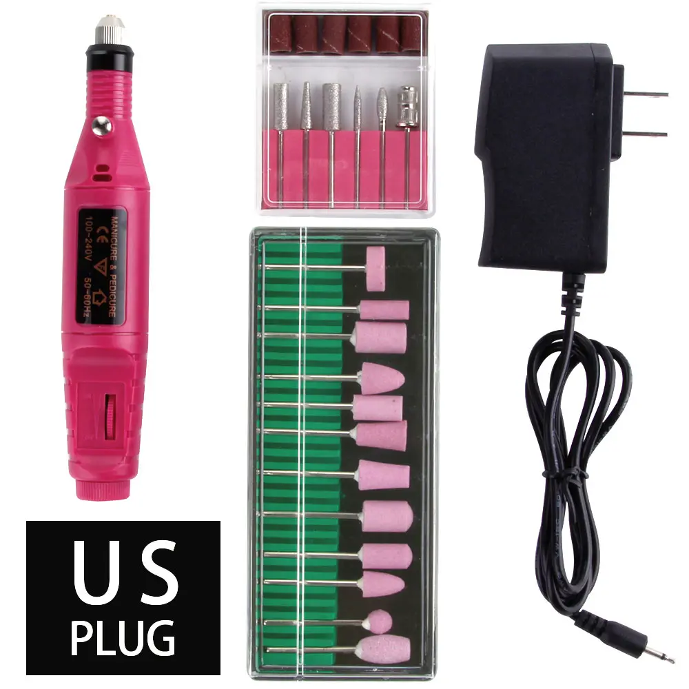 Rose US Plug 1 Набор мощная профессиональная электрическая дрель для ногтей, маникюрные инструменты, набор керамических сверл, роторные заусенцы, мельница для кутикулы, напильник - Цвет: Rose US Plug