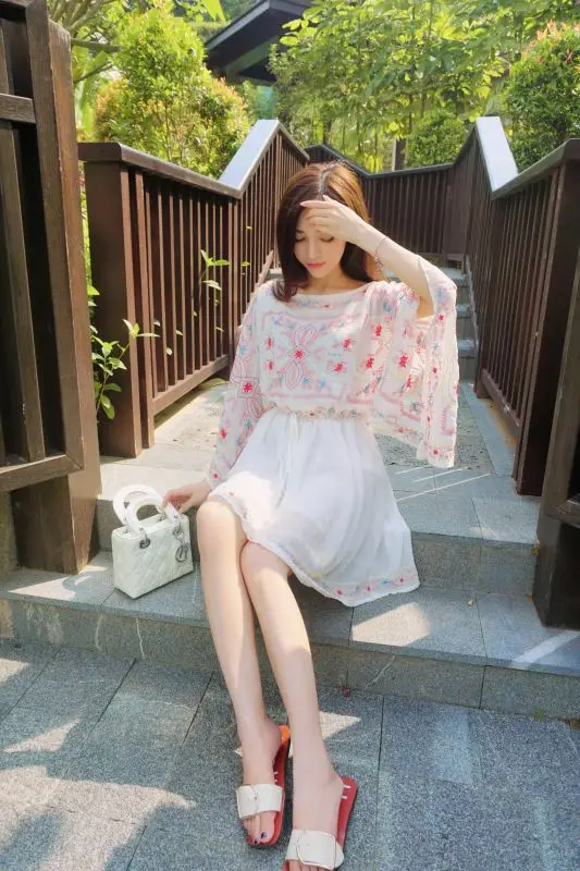 2018 Vintage Mexican Print Embroidery Women Chiffon O Neck Elastic Waist Loose Mini Dress Flare Half Sleeve Runway Boho Dresses | Женская