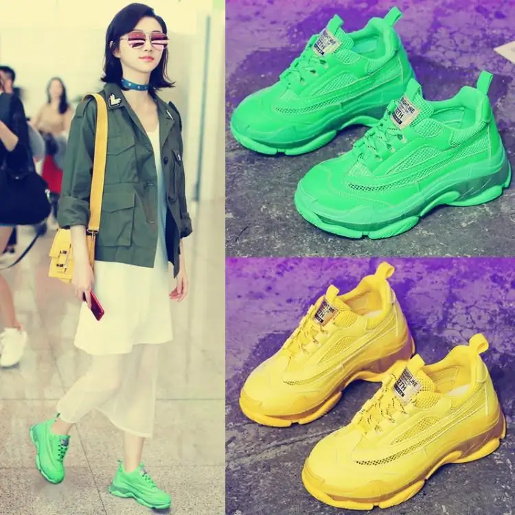 Светло-желтые зеленые кроссовки для женщин Лоскутная сетка кожа теннис Chaussures Femme