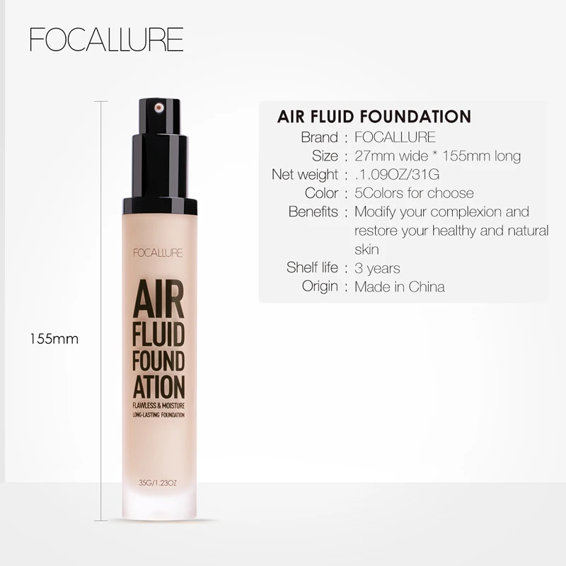 FOCALLURE Air Foundation идеальная основа Матовая жидкая основа Полное покрытие и УВЛАЖНЯЮЩАЯ основа для макияжа