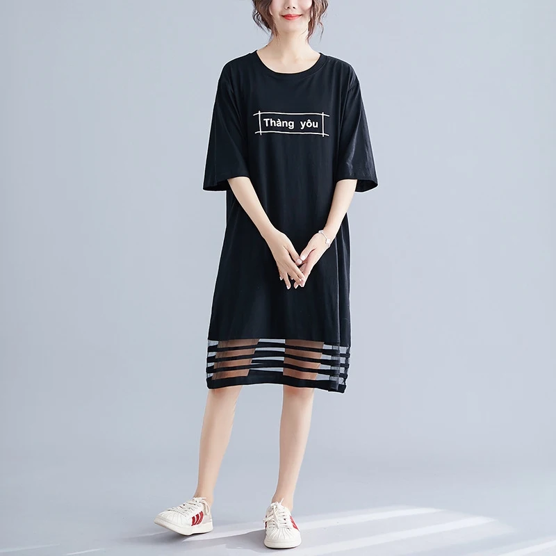 Платье с буквенным принтом, короткий рукав, Vestidos, женское, плюс размер, прозрачное, Сетчатое, повседневное, летнее, черное, NQYL125