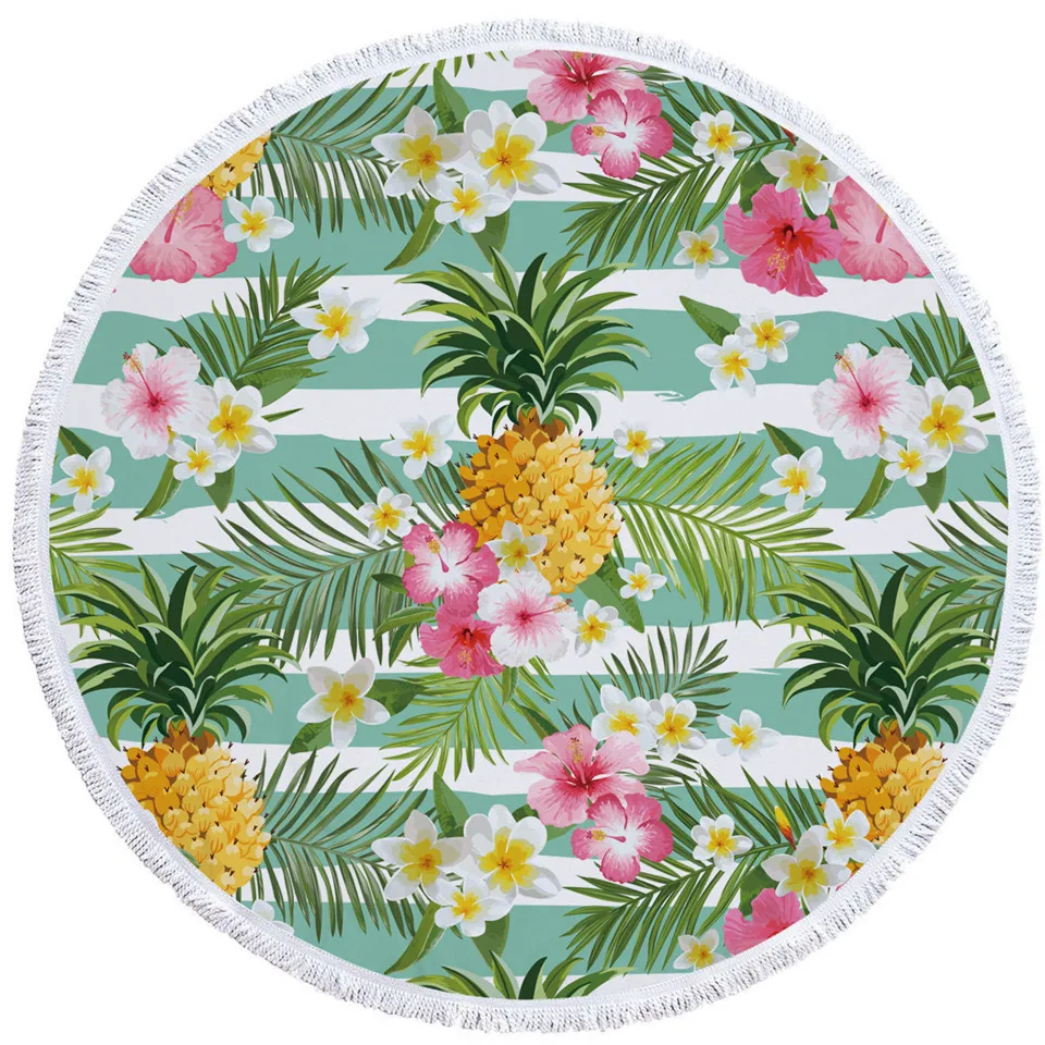 

SOFTBATFY Pineapple Palm Thick Terry Round Beach Towel with Fringe Tassel Round Yoga Mat Dropshipping