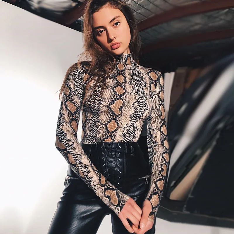 

Women Tops 2019 Fashion Sexy Snakeskin Print Blouses Shirts Casual Turtleneck Long Sleeve Shirt Girls Blouse Blusas feminina