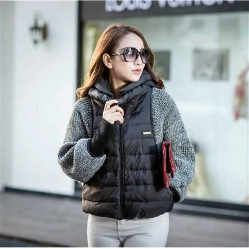 Новинка 2020 Модный женский зимний пуховик куртка с рукавами шерстяная вязаная