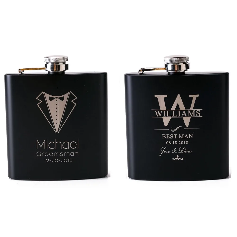

Personalized Engraved 6oz black stainless steel hip flask Wedding Favors Best Man gift Groom gift