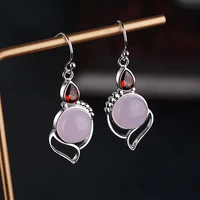 exquisite creative lady pink moonstone long earrings vintage retro silver plated earrings for women jewelry gifts party earrings